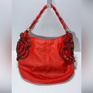 Large Red Hobo Bag, Gold Zipper Flowers, Twisted Handle, 16x13.5